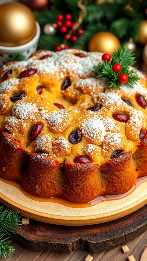A moist slow cooker Christmas cake with dried fruits, dusted with powdered sugar, on a rustic wooden platter.